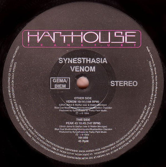 Synesthasia - Venom (12") Vinyl Record (Harthouse) { vinyl }