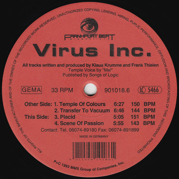 Virus Inc - Temple Of Colours 12" Vinyl Record (Frankfurt Beat Productions) { vinyl }
